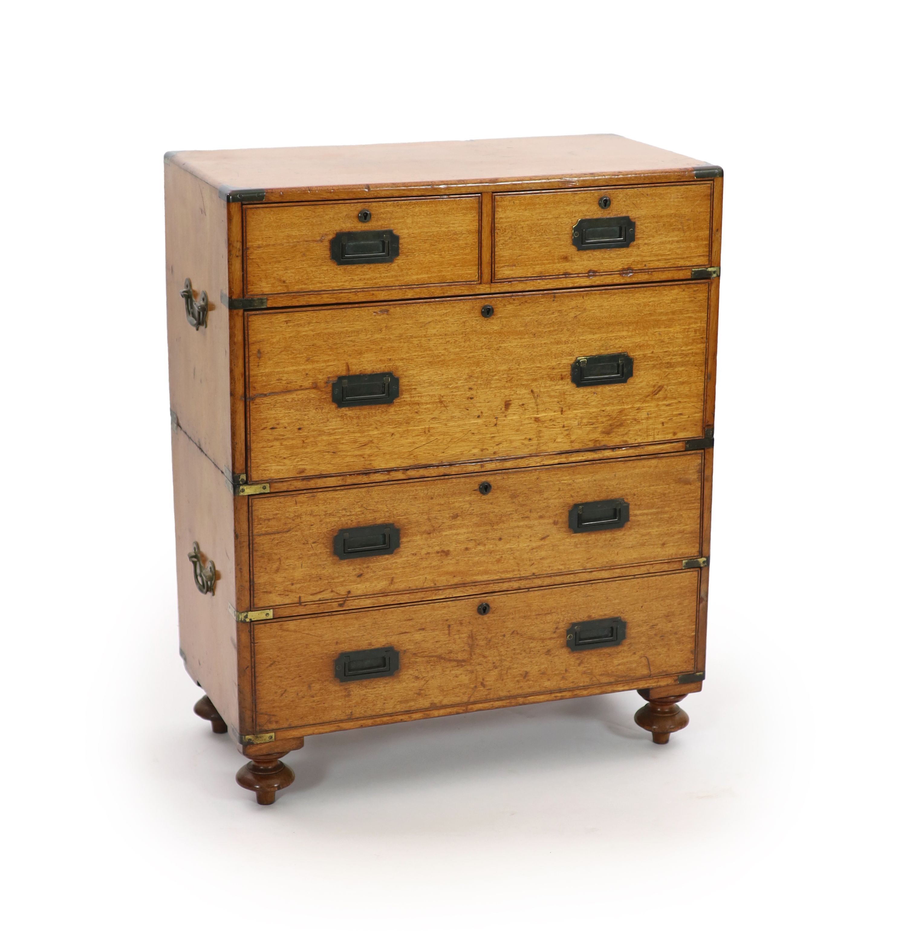 An early Victorian brass mounted teak campaign chest, W.82cm D.42cm H.100cm